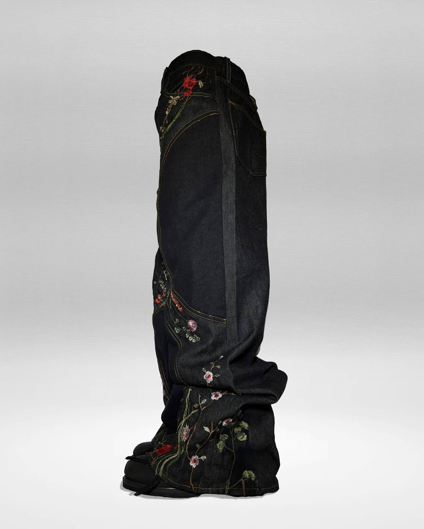 Y2K loose-fit wide-leg patchwork trousers with floral embroidery