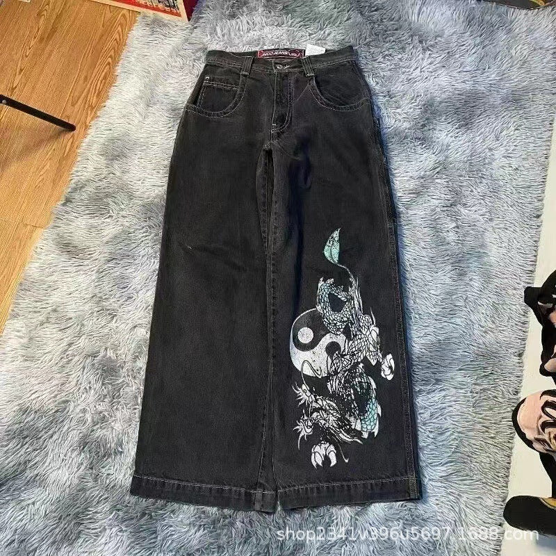 Vintage-Wash Denim Jeans with Y2K Hip-Hop Embroidery
