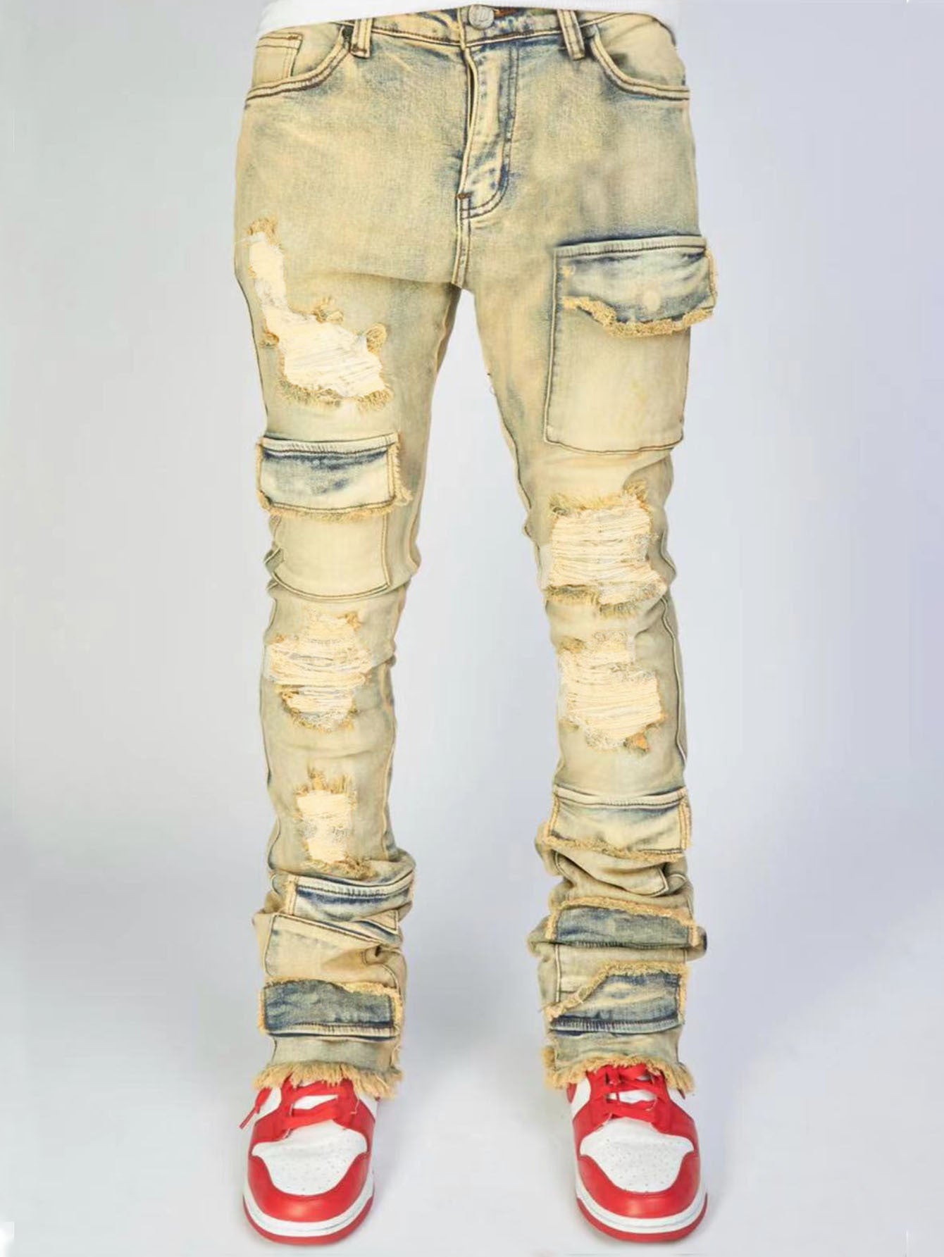 Stretch Ripped Denim Layered Flare Cargo Jeans