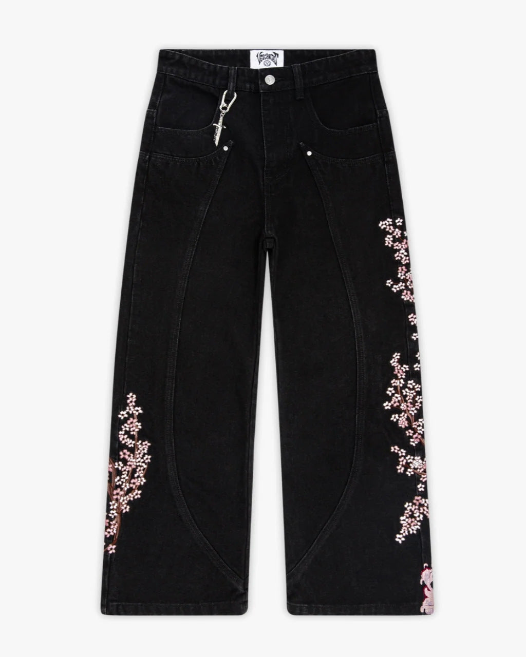Vintage-Style Wide-Leg Jeans with Intricate Embroidery