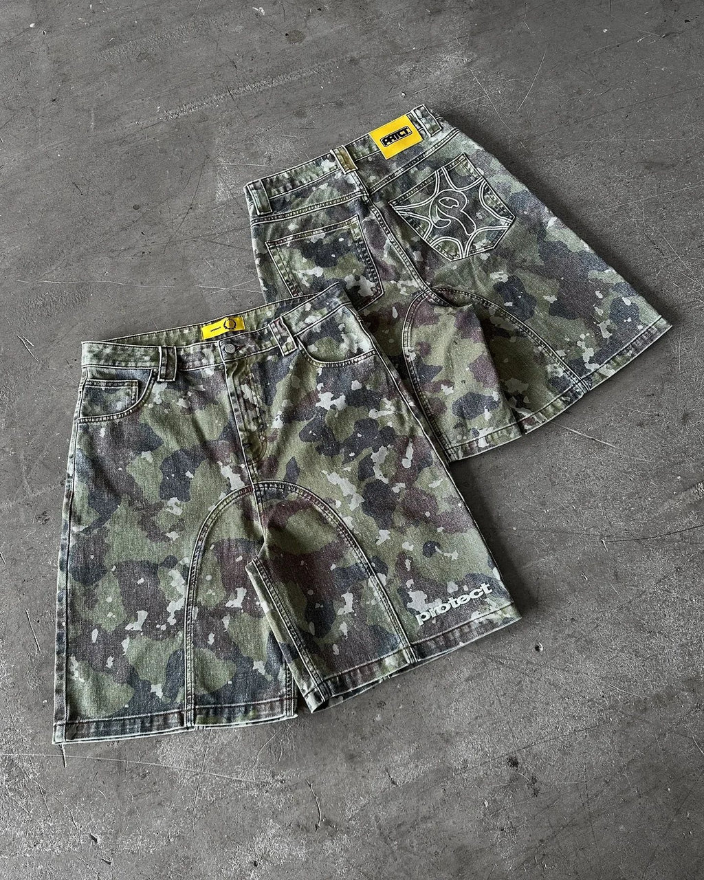 Camouflage Distressed Denim Cargo Shorts