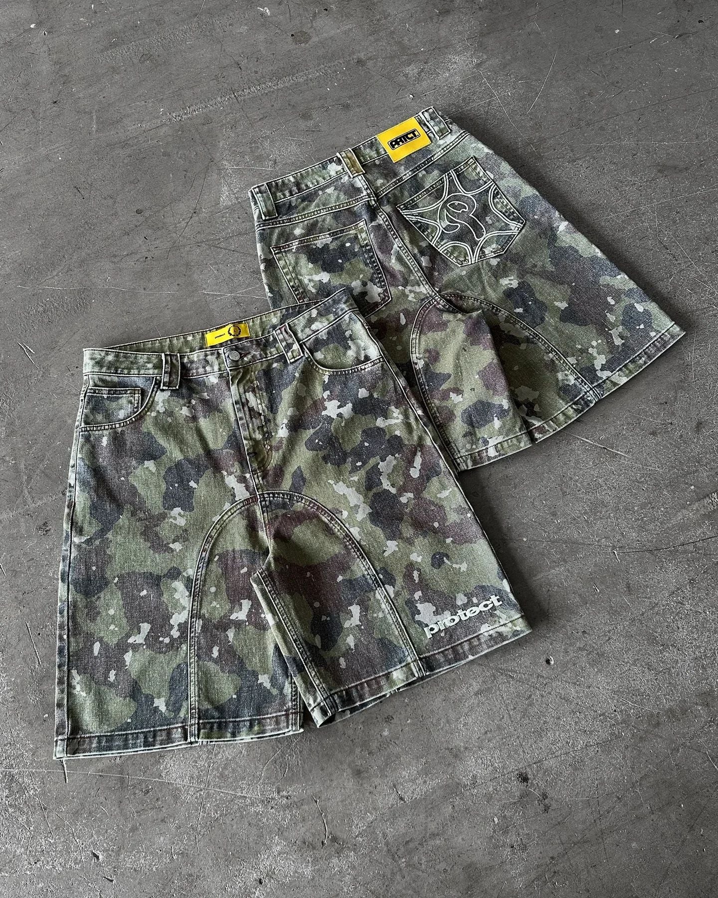 Camouflage Distressed Denim Cargo Shorts