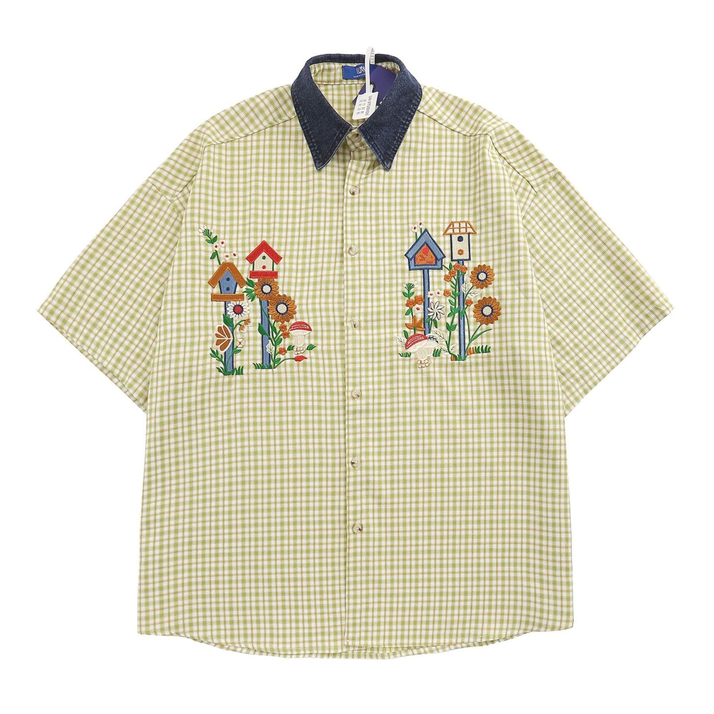 YAVIORA Denim Collar Plaid Shirt