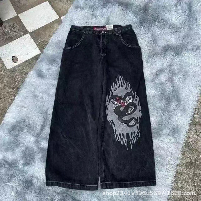 Vintage-Wash Denim Jeans with Y2K Hip-Hop Embroidery