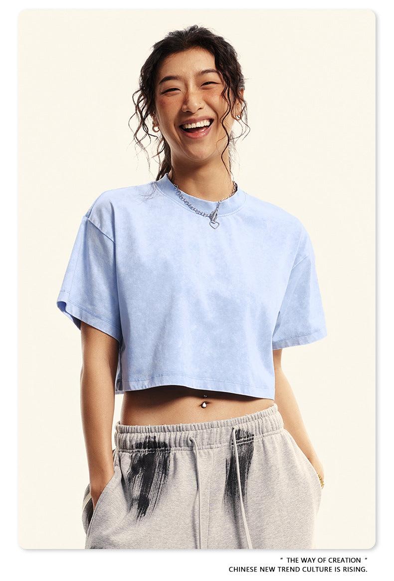 Yaviora Round Neck Crop Top Sexy Loose Short-Sleeve T-Shirt