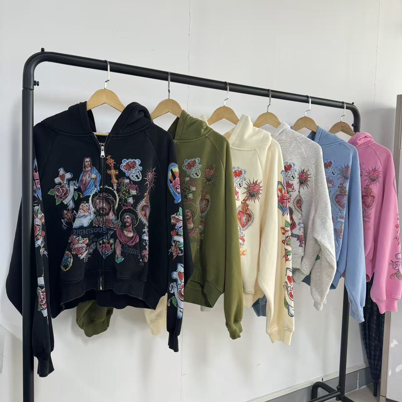 Jesus Sacred Heart Rose Print Cropped Zip‑Up Hoodie Y2K Vintage Streetwear