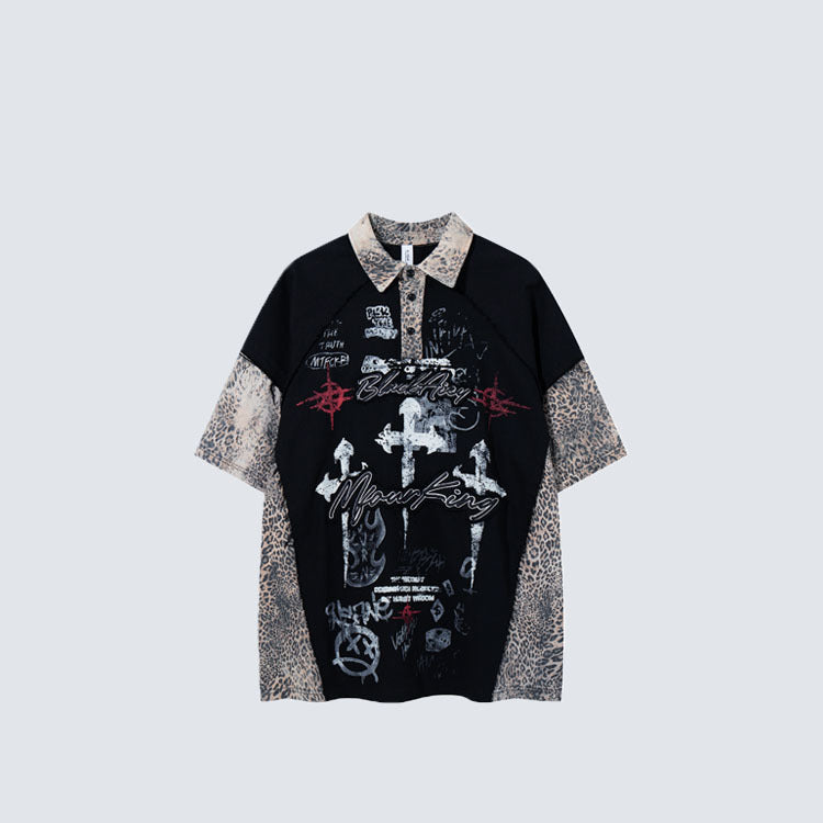 YAVIORA Leopard-Panel Cross Polo Shirt