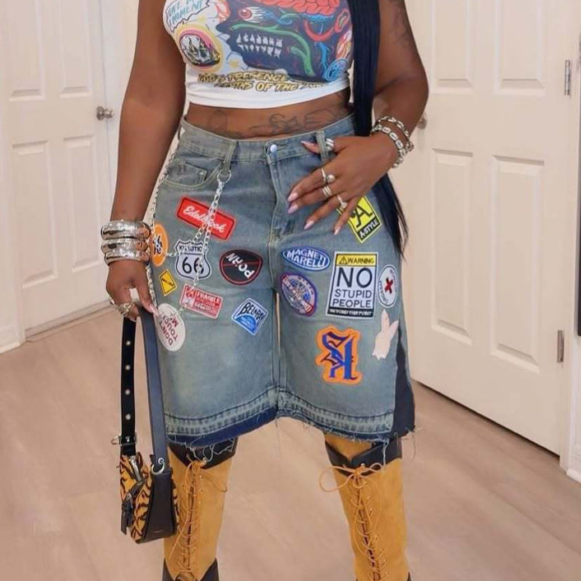 Y2K hip-hop cartoon embroidered loose-fitting shorts