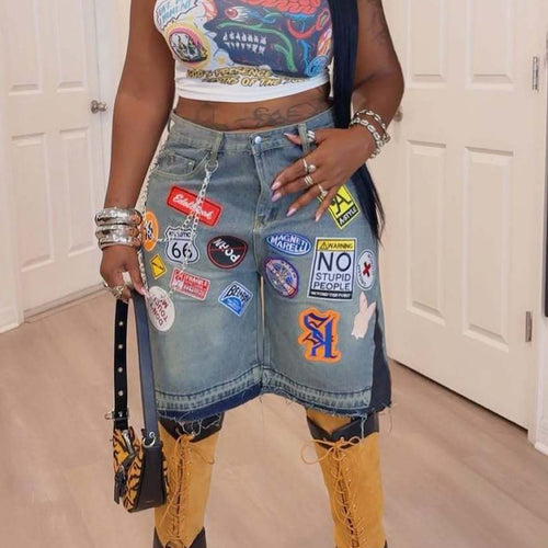 Y2K hip-hop cartoon embroidered loose-fitting shorts