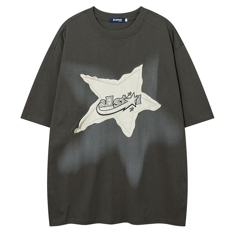 Yaviora American Retro Star Appliqué Short-Sleeve T-Shirt