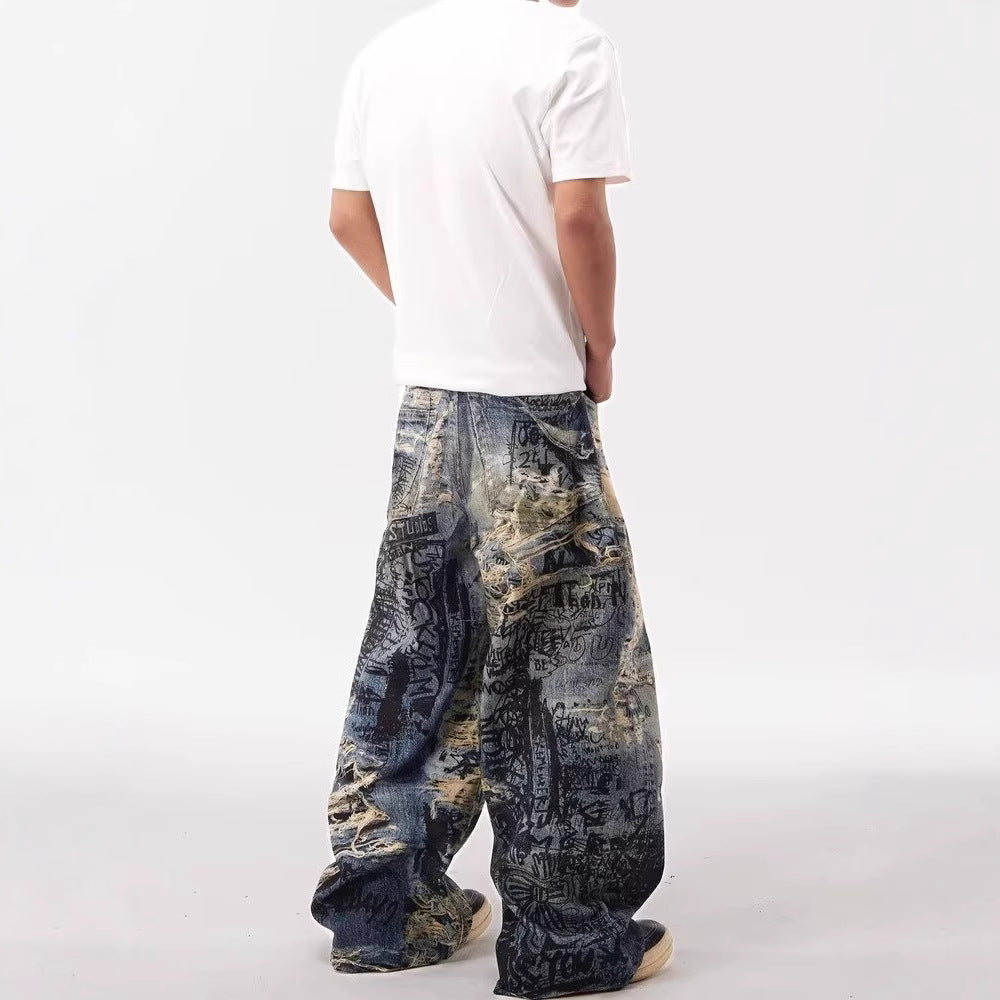 Y2K Graffiti-destructive 3D digital distressed jeans for men