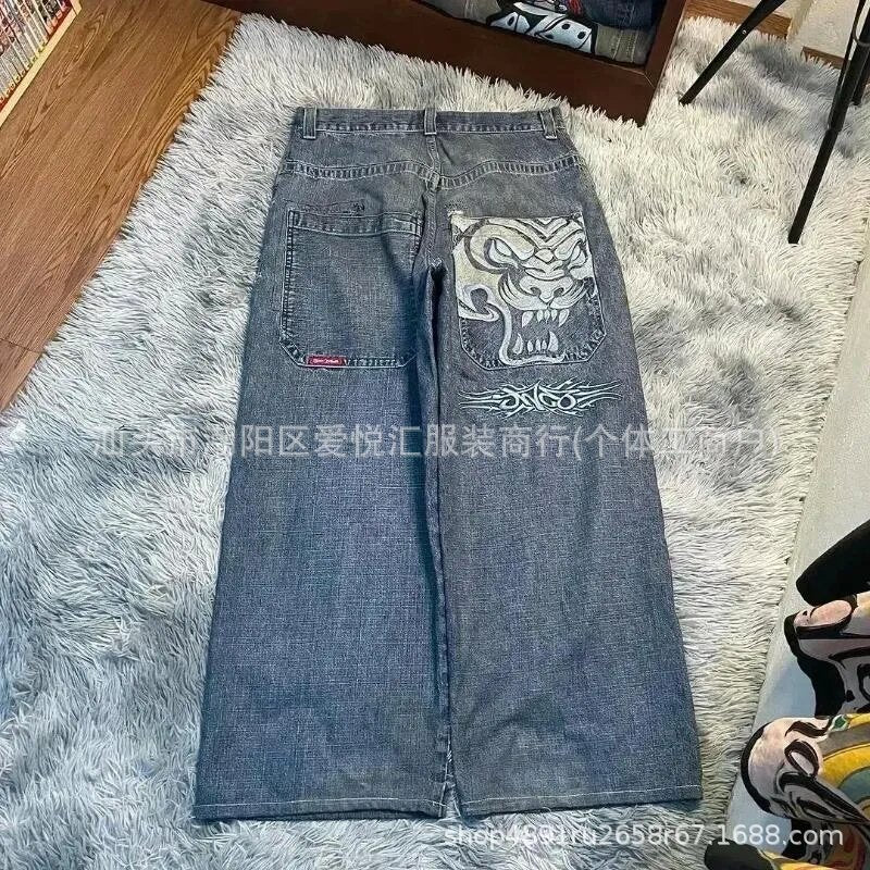 Vintage-Wash Denim Jeans with Y2K Hip-Hop Embroidery