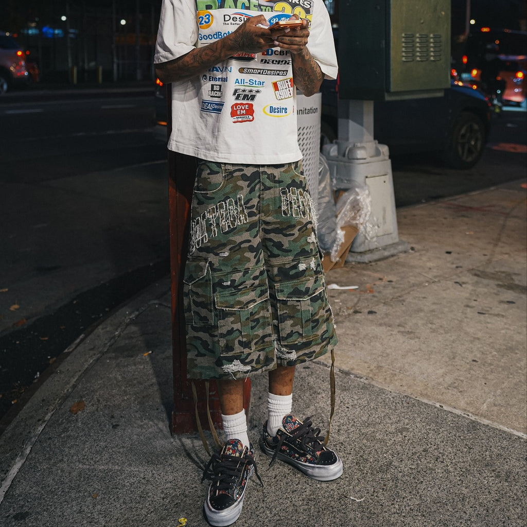 Camouflage Distressed Denim Cargo Shorts