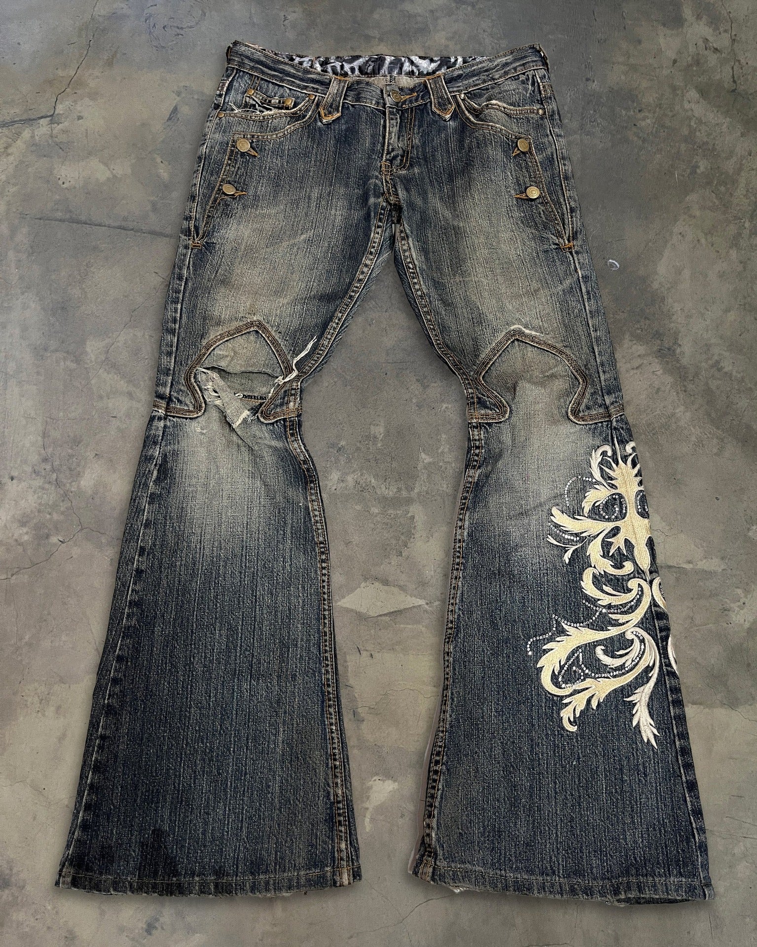 Y2K Dark-Style Patchwork Embroidered Flare Jeans