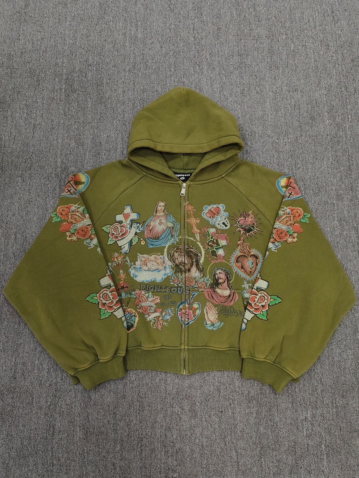 Jesus Sacred Heart Rose Print Cropped Zip‑Up Hoodie Y2K Vintage Streetwear