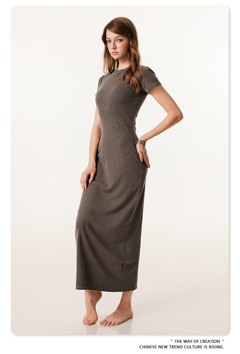 Yaviora Short-Sleeve Long Dress Slim Fit Bodycon Slit Skirt