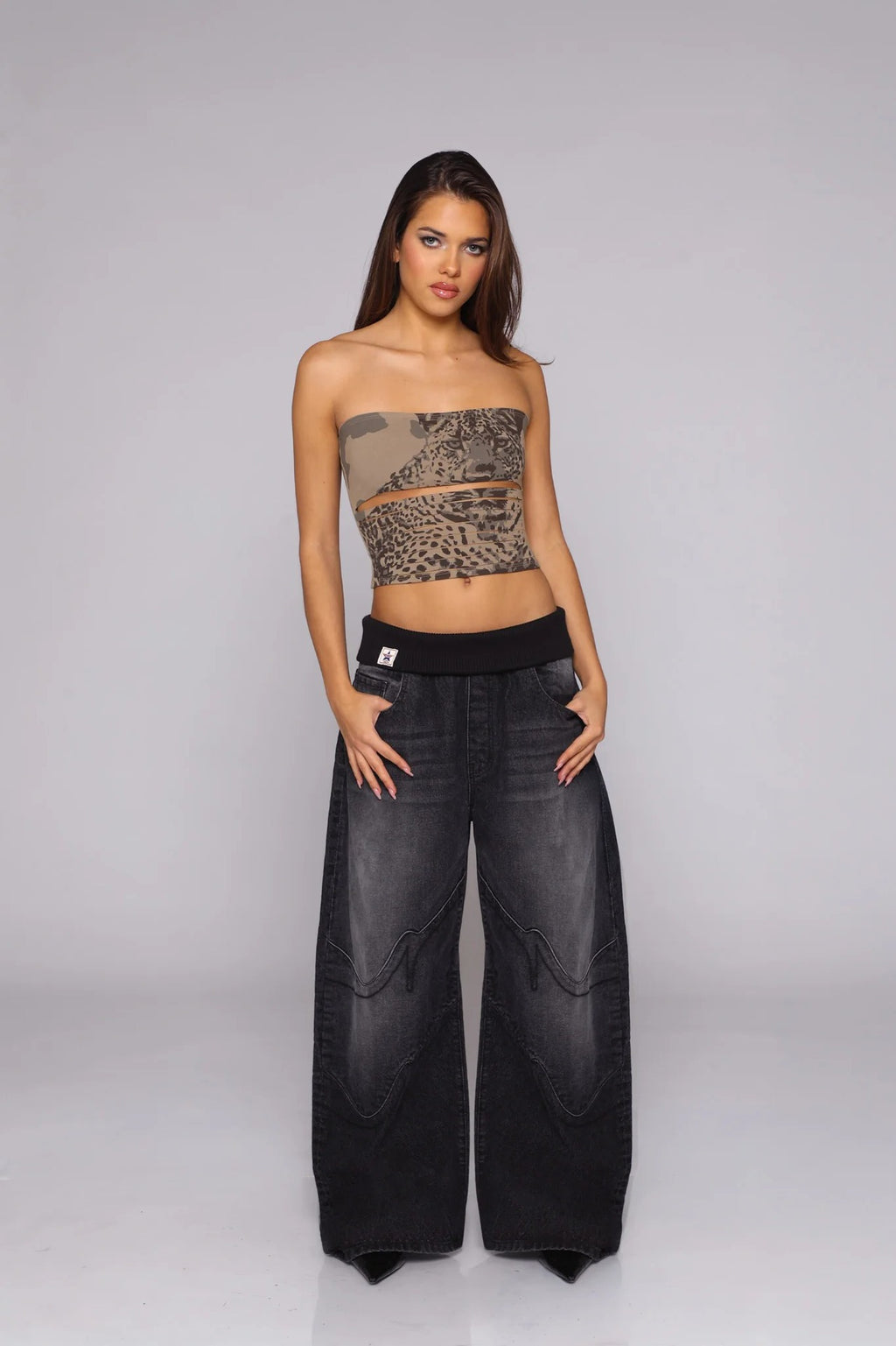 Y2K Patchwork Loose-Fit Low-Rise Jeans with Fold-Over Waistband
