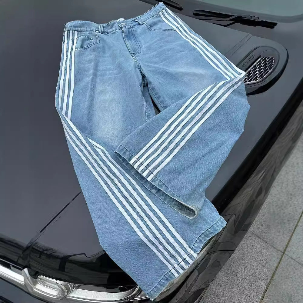 Y2K American retro style street style striped wide-leg loose jeans.