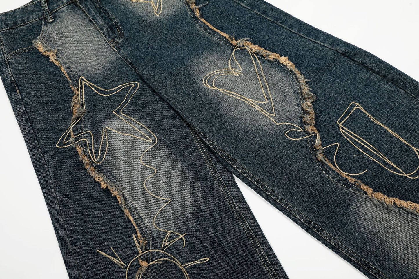 YAVIORA Embroidered Frayed Jeans