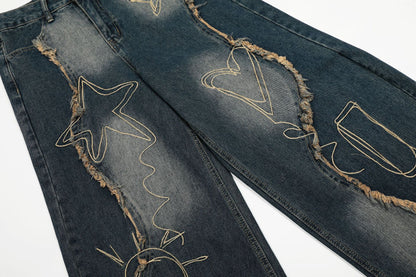 YAVIORA Embroidered Frayed Jeans