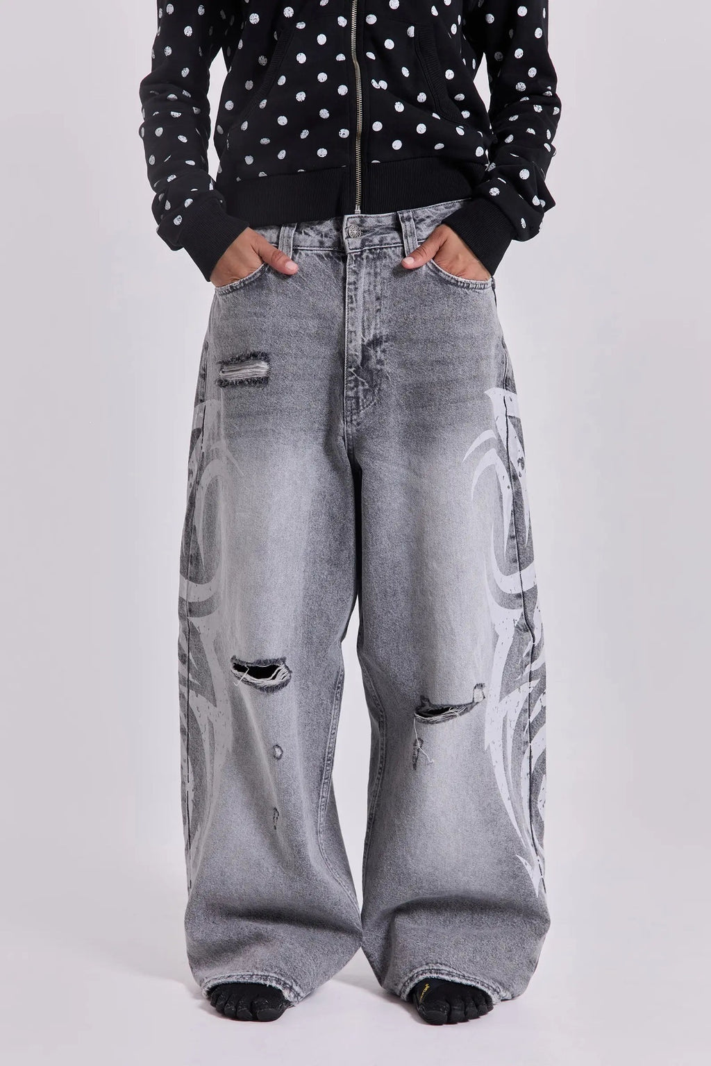 Y2K Hip-Hop Style Washed, Distressed, and Printed Jeans