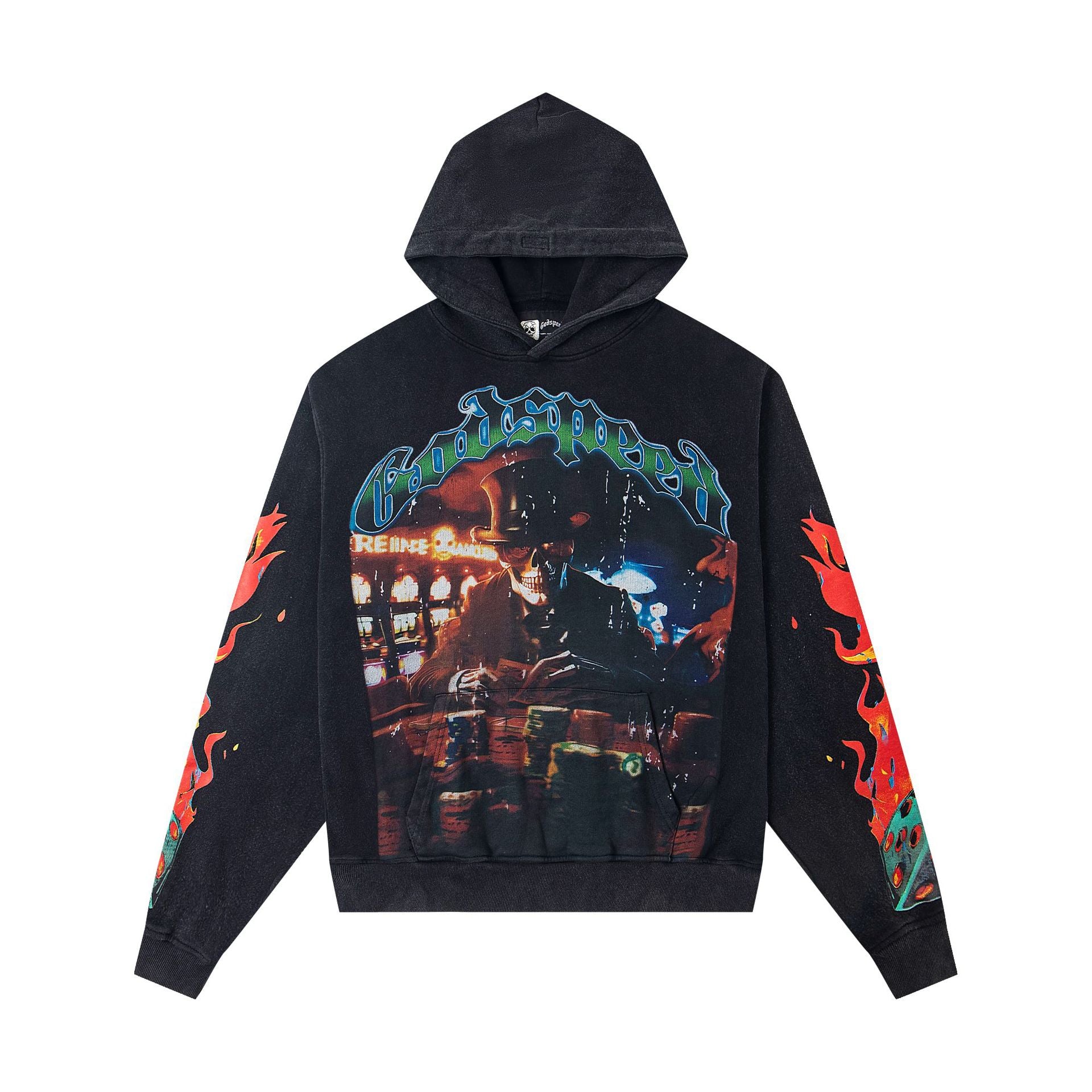 Vintage-Washed Pure Cotton Hip-Hop/Streetwear Hoodie with Print