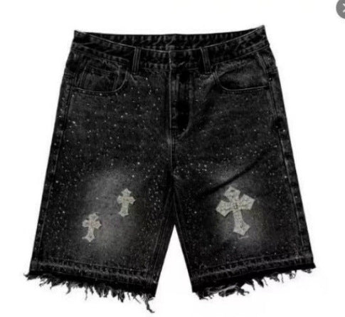 Full rhinestone hip-hop cross hot-fix denim shorts