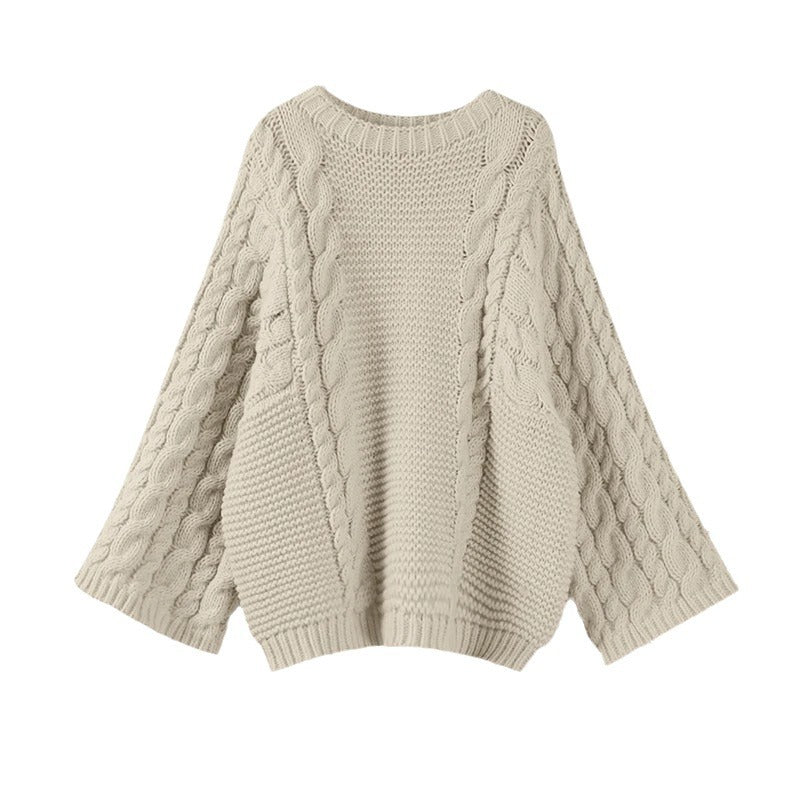 Loose Cable-Knit Sweater with Oversized Flared Sleeves
