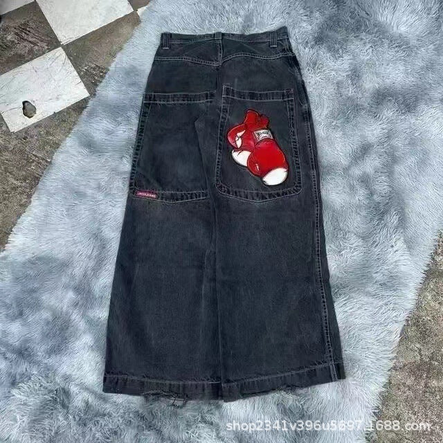 Vintage-Wash Denim Jeans with Y2K Hip-Hop Embroidery