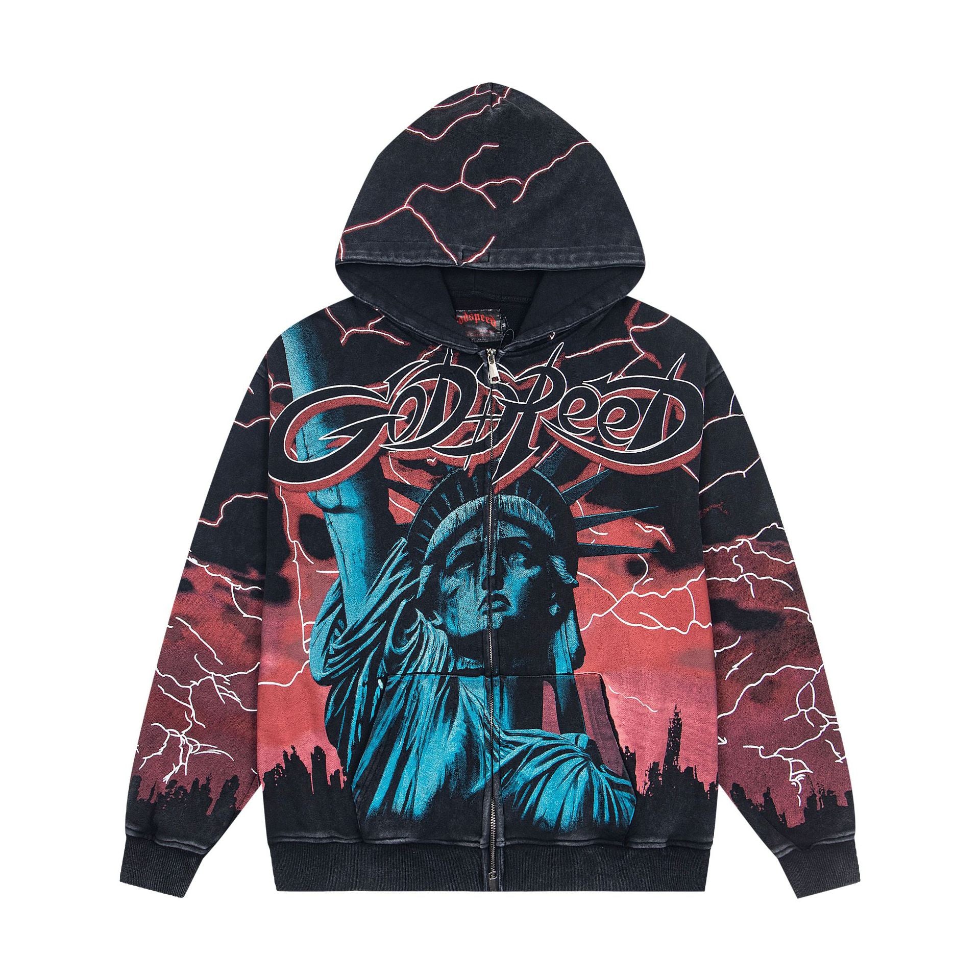 Vintage-Washed Pure Cotton Hip-Hop/Streetwear Hoodie with Print