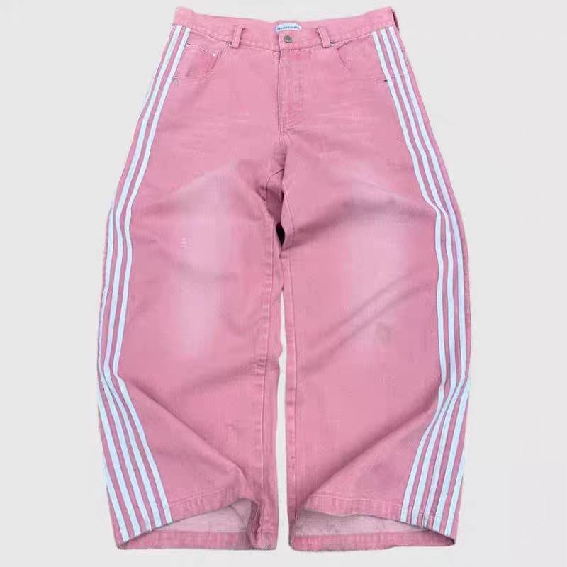 Y2K American retro style street style striped wide-leg loose jeans.