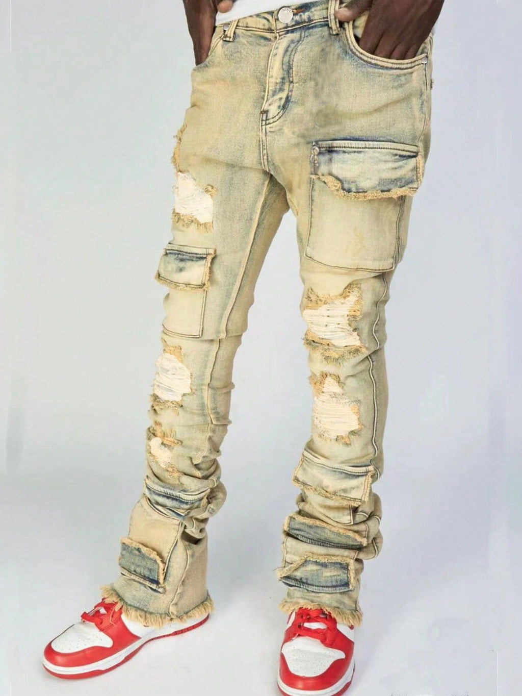 Stretch Ripped Denim Layered Flare Cargo Jeans