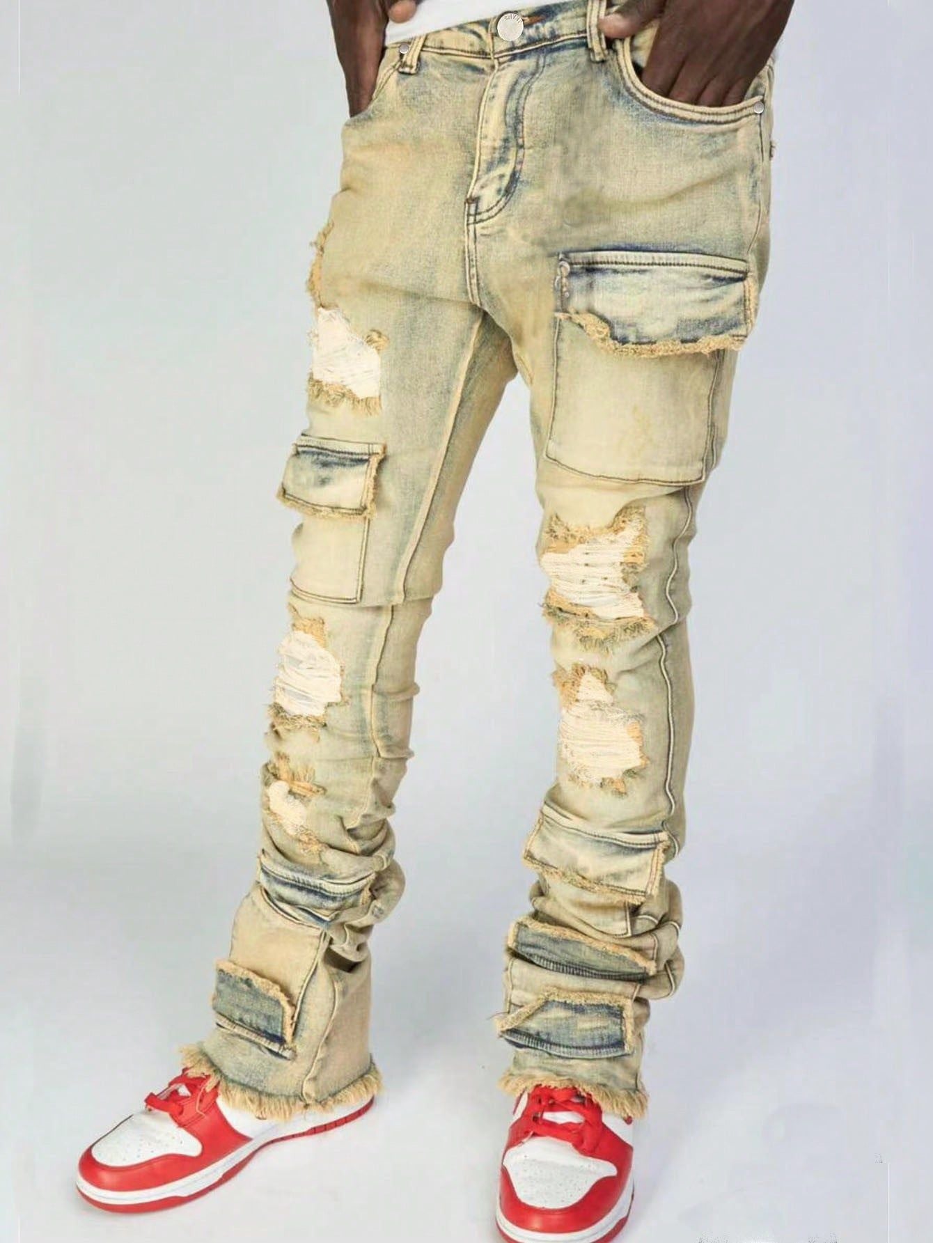 Stretch Ripped Denim Layered Flare Cargo Jeans