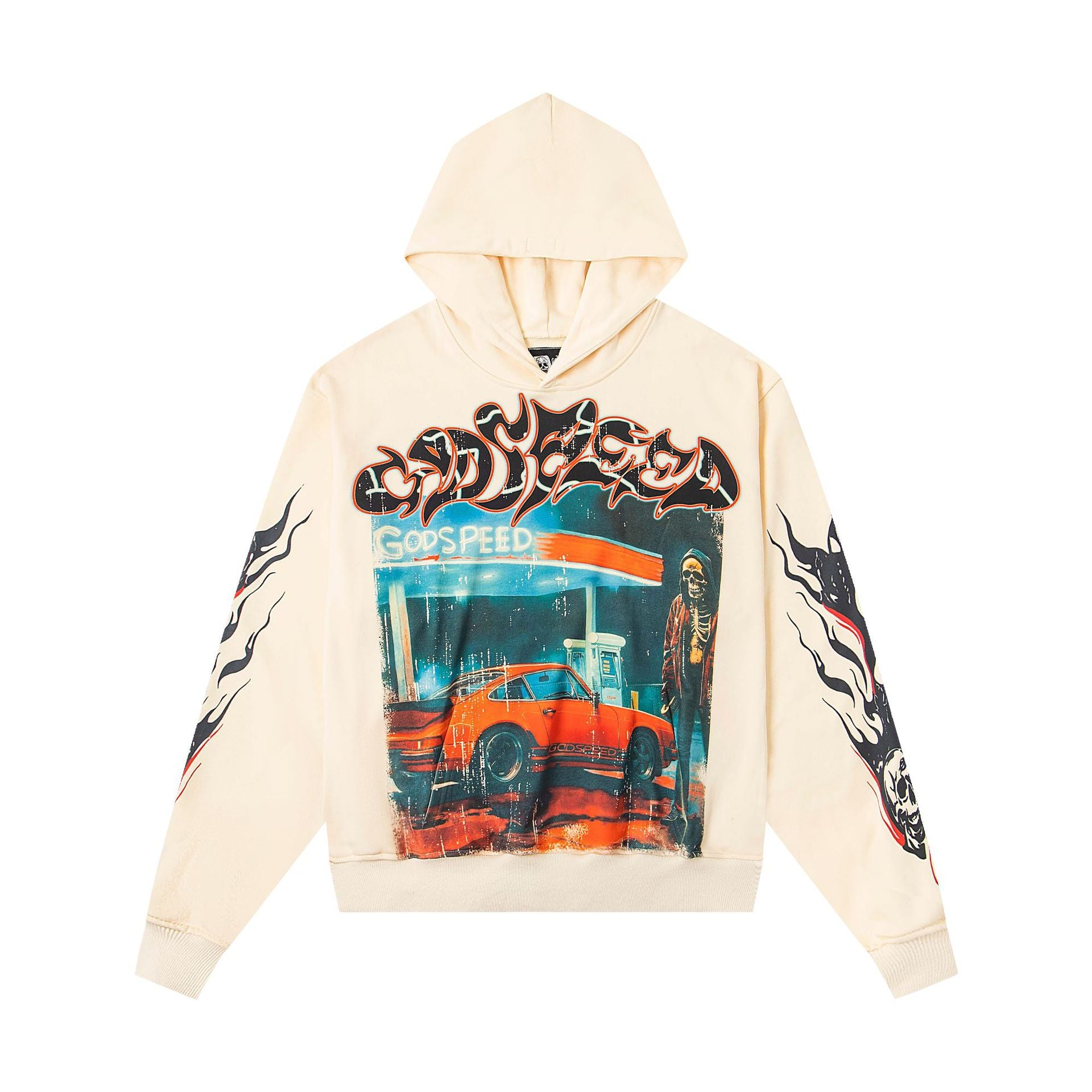 Vintage-Washed Pure Cotton Hip-Hop/Streetwear Hoodie with Print