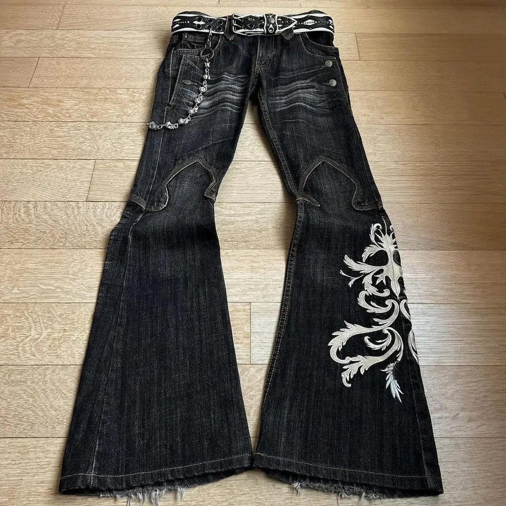 Y2K punk flared jeans, heavy embroidered jeans