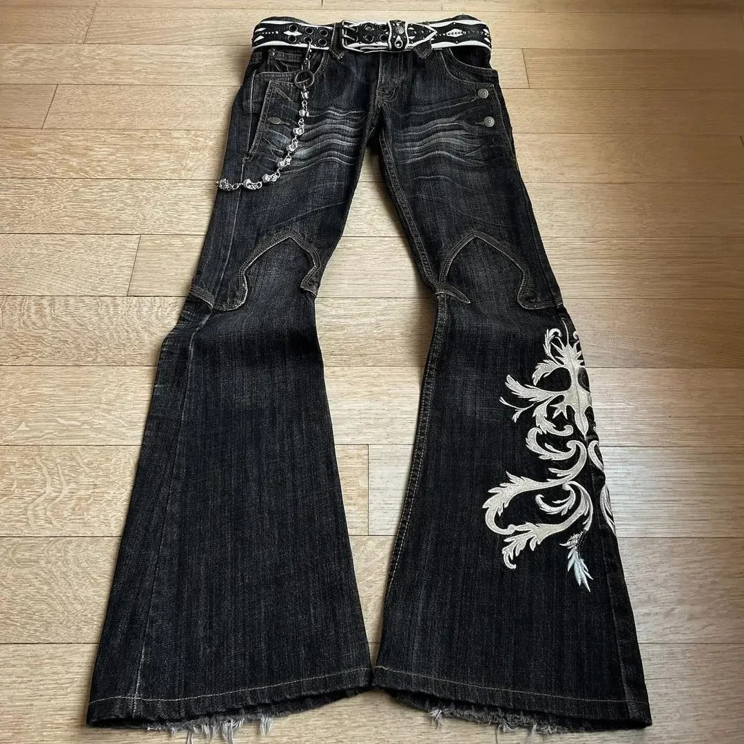 Y2K punk flared jeans, heavy embroidered jeans