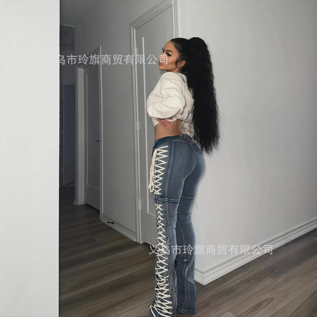 Y2K-style high-waisted, slim-fit lace-up bootcut jeans