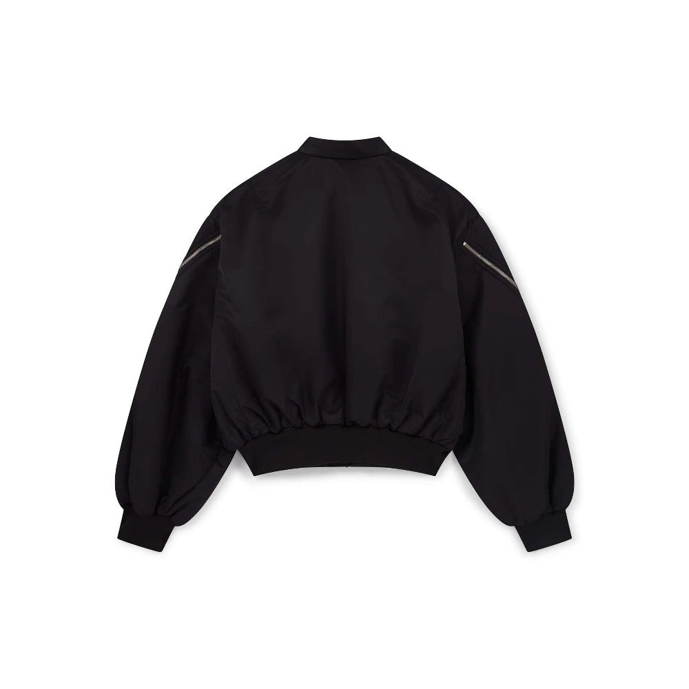 oose-fit sweatshirt with multi-zipper design and letter embroidery.