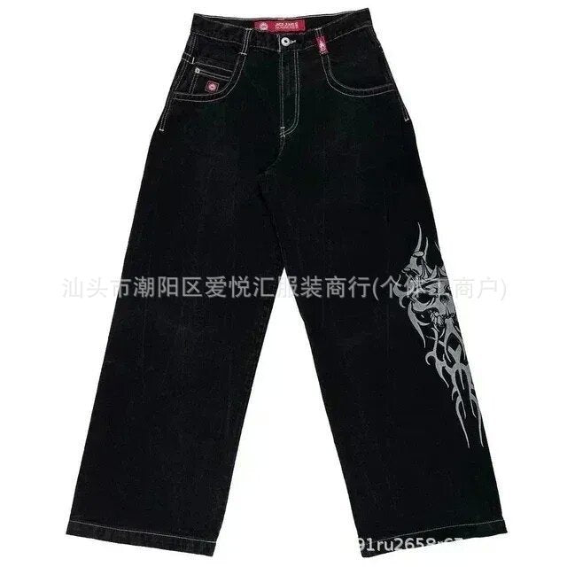 Vintage-Wash Denim Jeans with Y2K Hip-Hop Embroidery