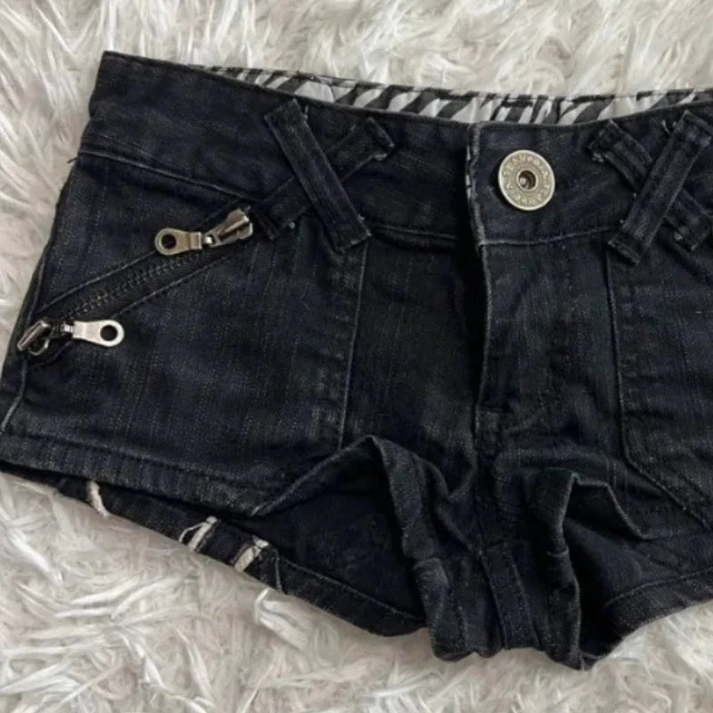 Y2K Gothic Flag-Print Color-Block Low-Rise Slim-Fit Denim Shorts