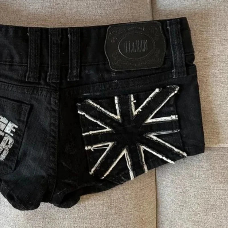 Y2K Gothic Flag-Print Color-Block Low-Rise Slim-Fit Denim Shorts
