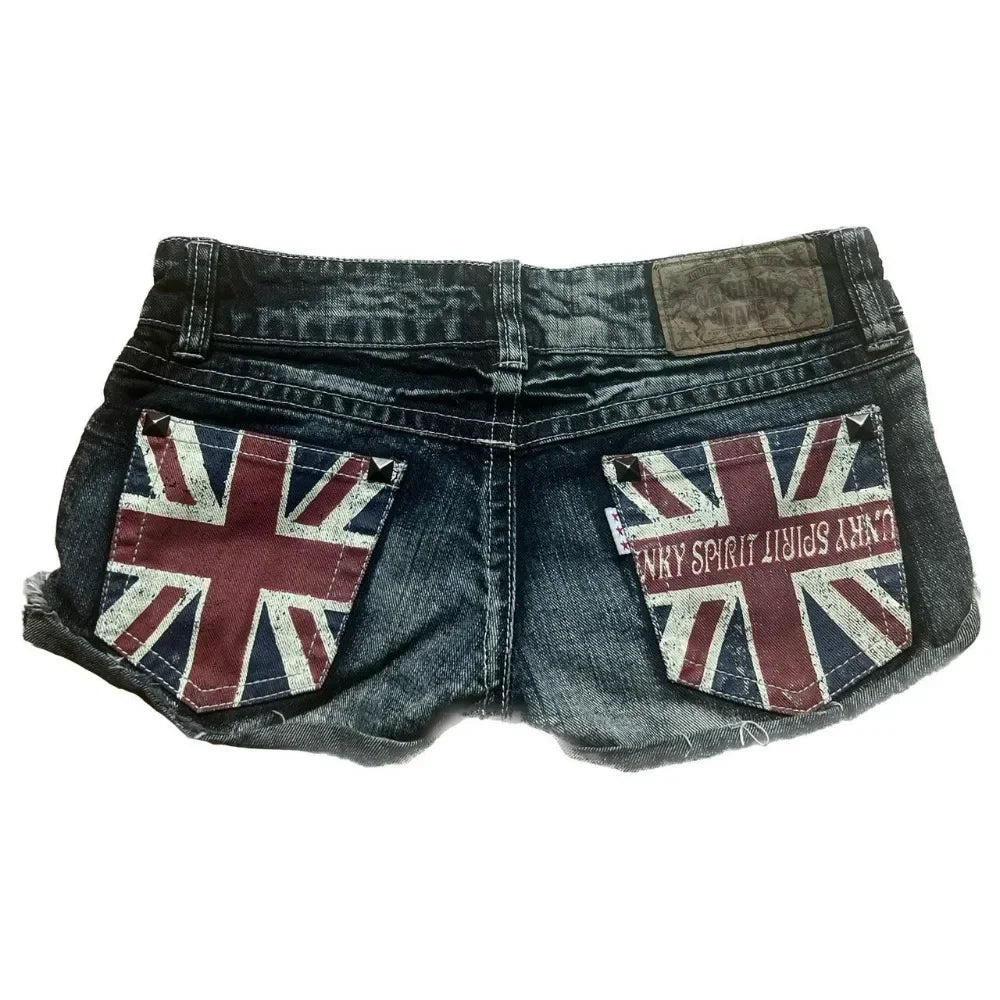 Y2K Gothic Flag-Print Color-Block Low-Rise Slim-Fit Denim Shorts
