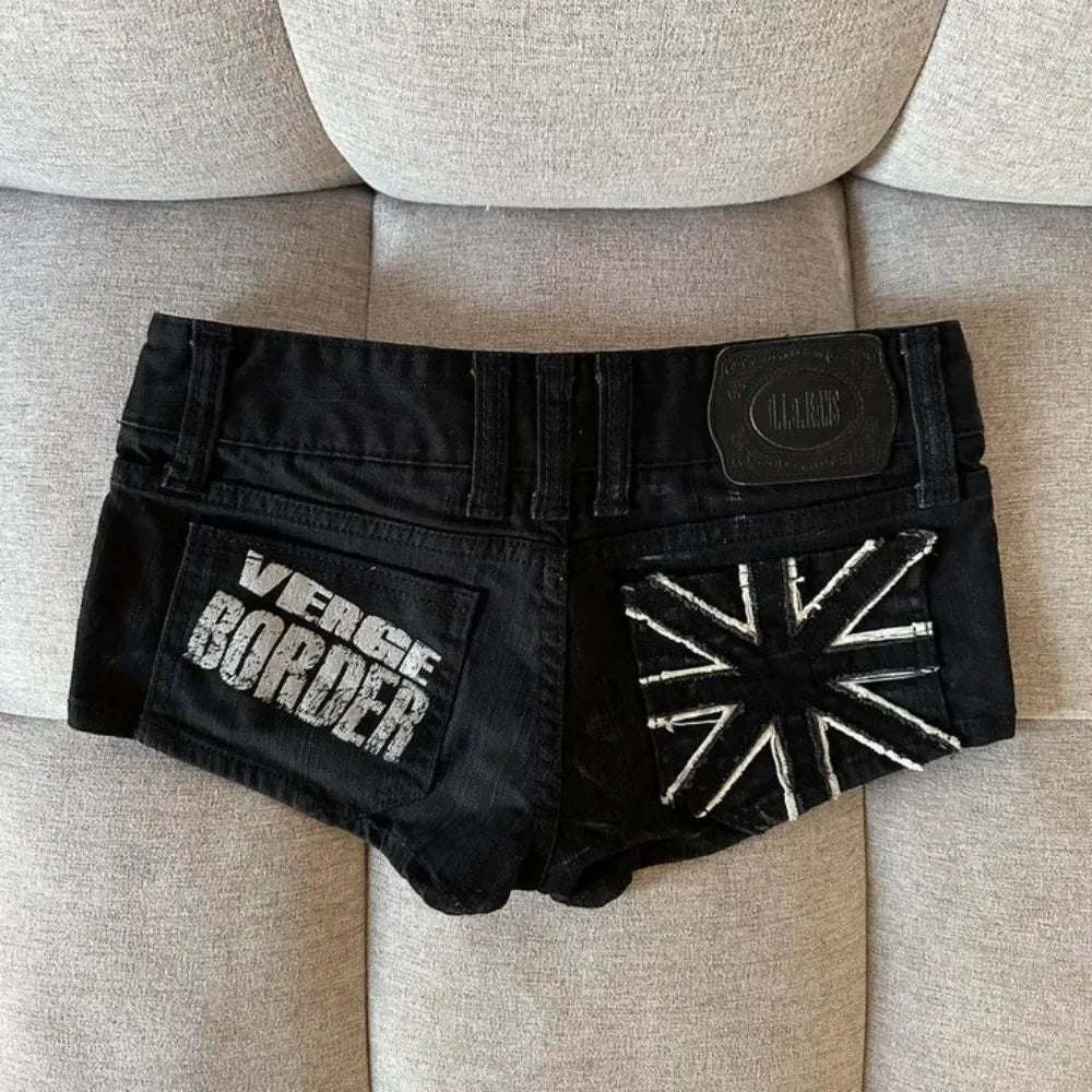 Y2K Gothic Flag-Print Color-Block Low-Rise Slim-Fit Denim Shorts