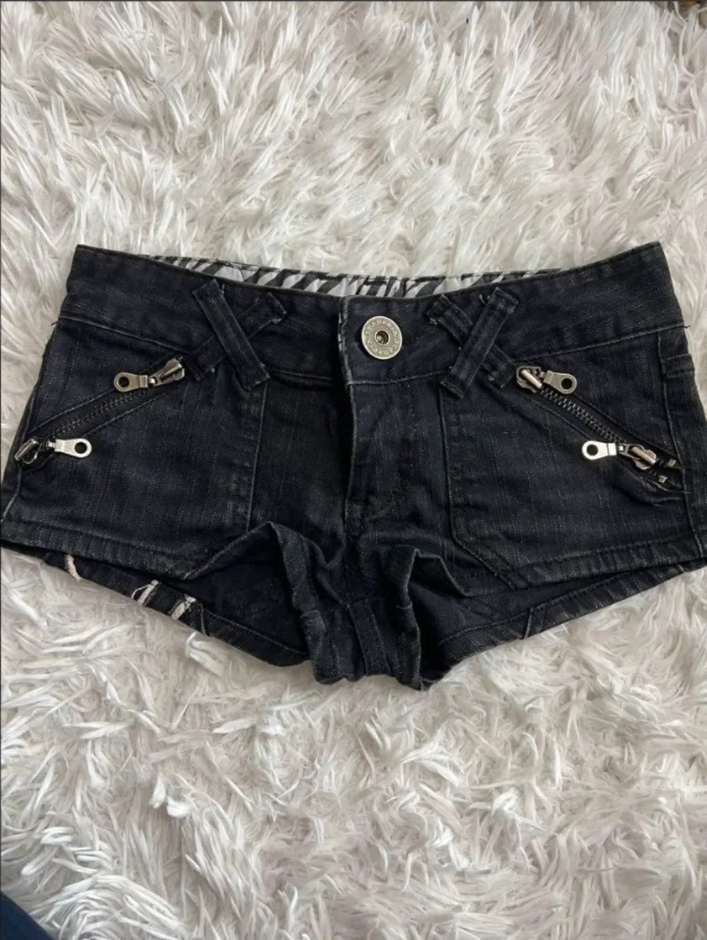 Y2K Gothic Flag-Print Color-Block Low-Rise Slim-Fit Denim Shorts