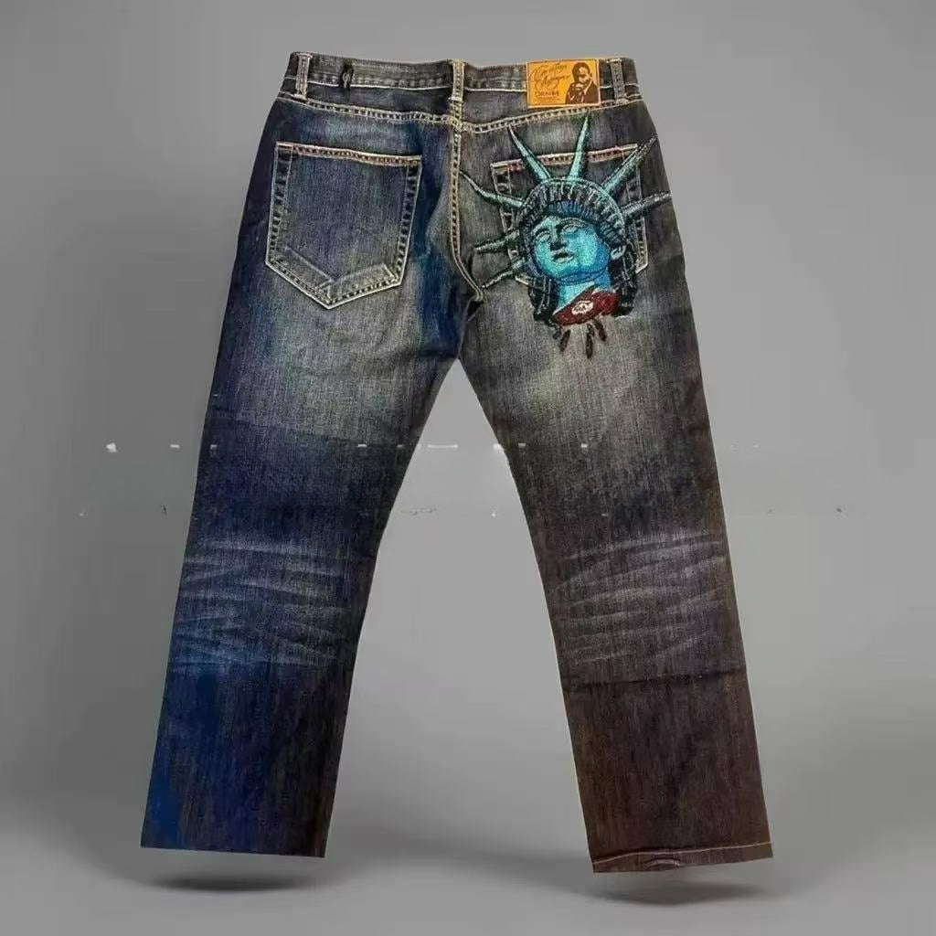"Statue of Liberty" Distressed Loose-Fit High-Street Denim Jeans