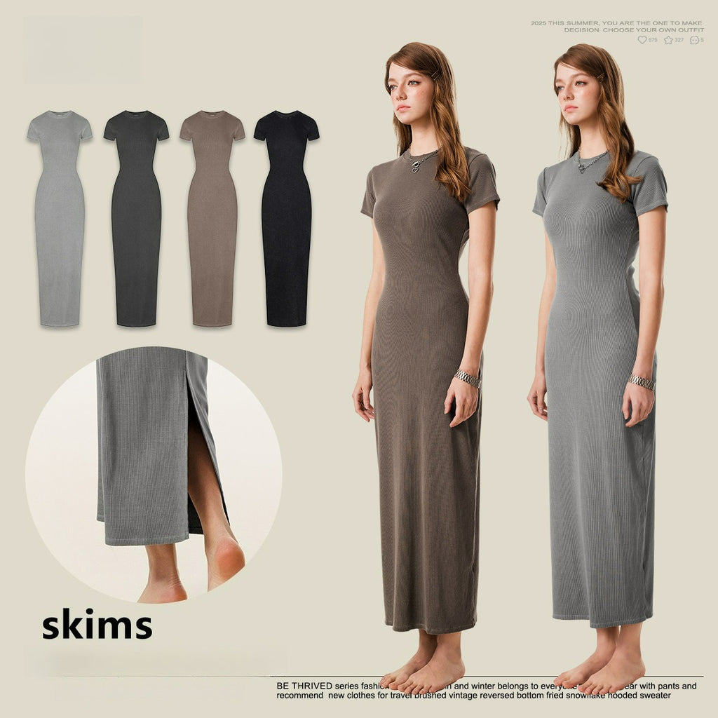 Yaviora Short-Sleeve Long Dress Slim Fit Bodycon Slit Skirt