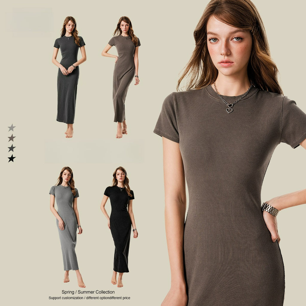 Yaviora Short-Sleeve Long Dress Slim Fit Bodycon Slit Skirt