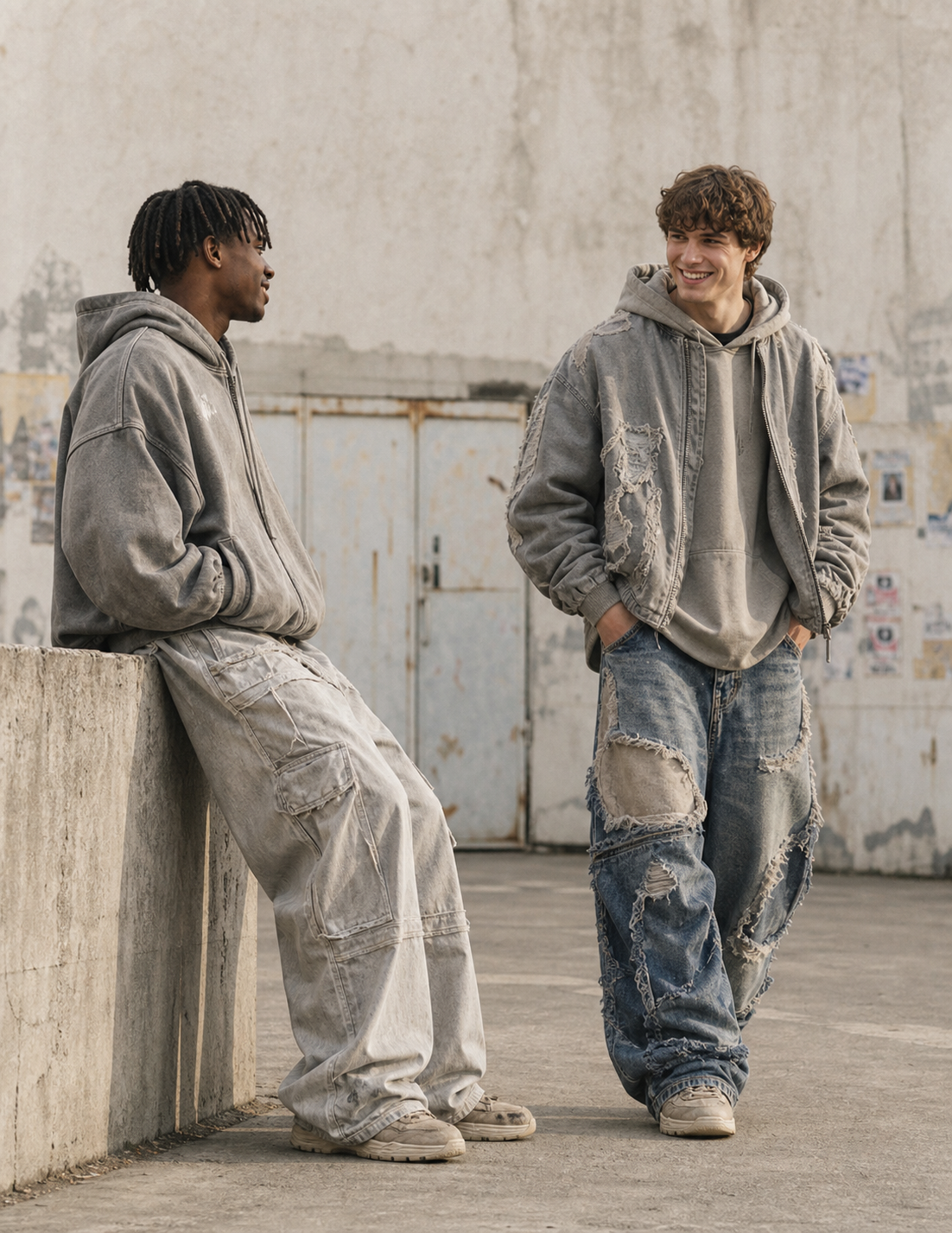 Relaxed YAVIORA wasteland streetwear scene with washed gray layers and deconstructed denim in a weathered concrete setting