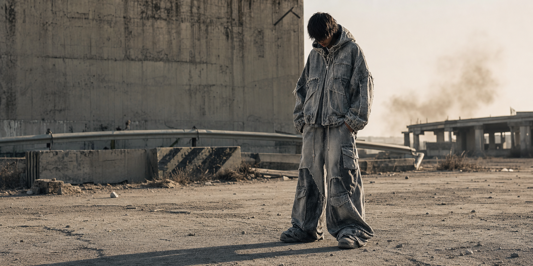 YAVIORA Wasteland editorial hero image with washed gray deconstructed streetwear in an industrial concrete setting