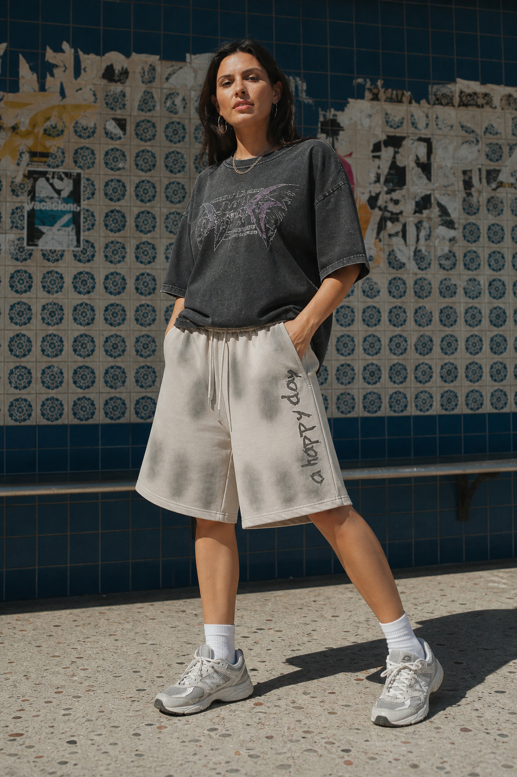 Editorial lookbook of YAVIORA Wasteland Washed Shorts